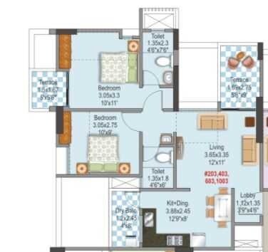 Floor plan of 2 BHK 514 Sq. Ft. Apartment in Mantra Parkview, Pune