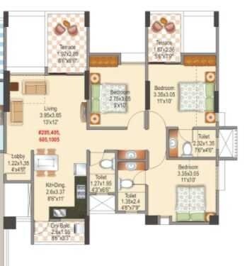 Floor plan of 3 BHK 801 Sq. Ft. Apartment in Mantra Parkview, Pune