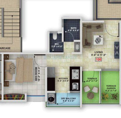 Floor plan of 1 BHK 270 Sq. Ft. Apartment in Mantra Residency, Pune