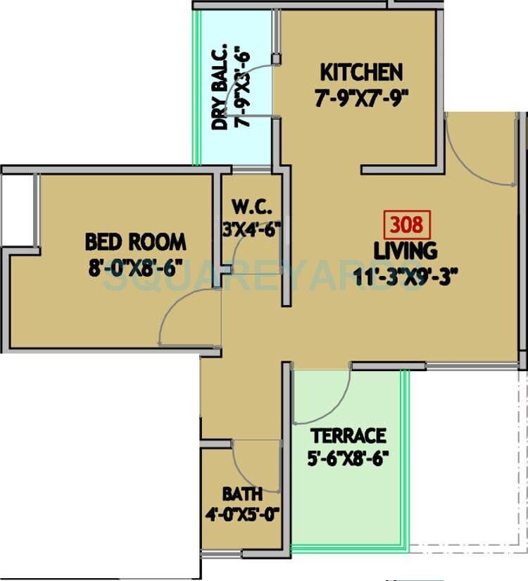 Floor plan of 1 BHK 226 Sq. Ft. Apartment in Mantra Residency, Pune