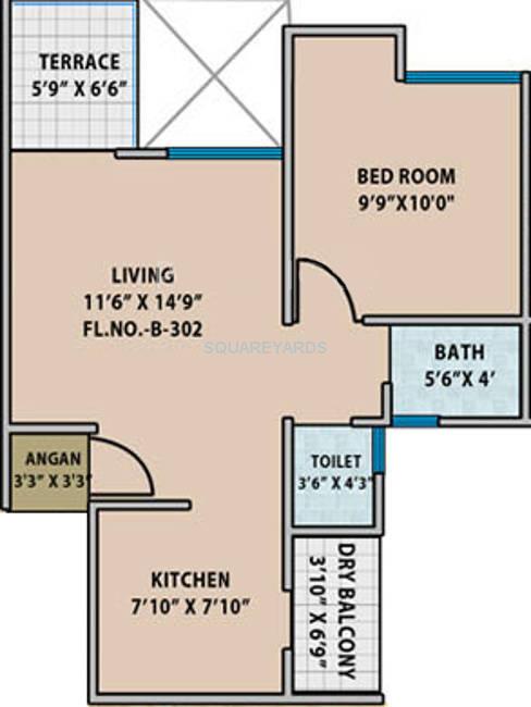 Floor plan of 1 BHK 634 Sq. Ft. Apartment in Mantra Senses, Pune