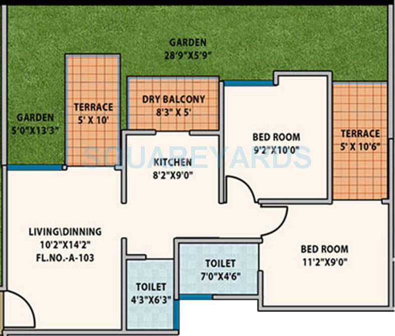 Floor plan of 2 BHK 1067 Sq. Ft. Apartment in Mantra Senses, Pune