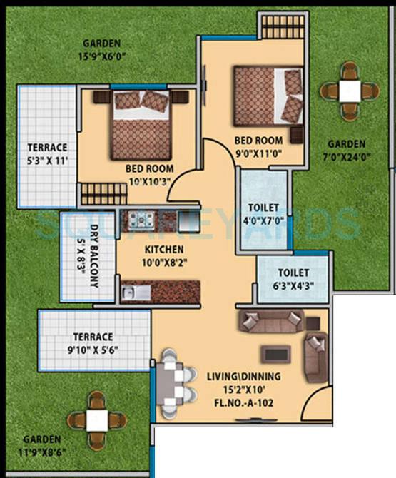 Floor plan of 2 BHK 1244 Sq. Ft. Apartment in Mantra Senses, Pune