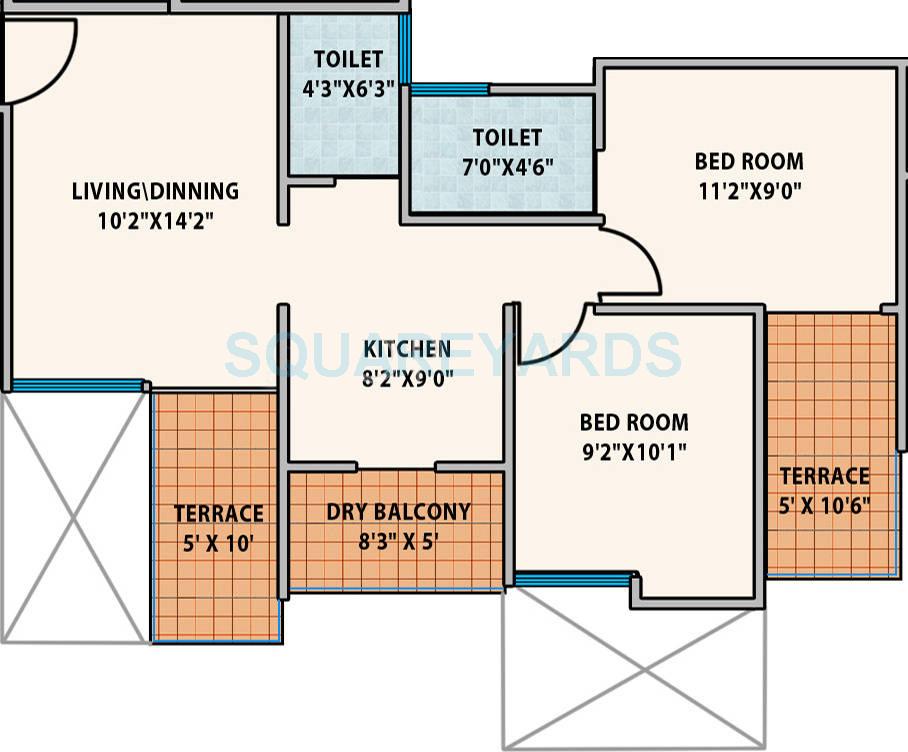Floor plan of 2 BHK 919 Sq. Ft. Apartment in Mantra Senses, Pune