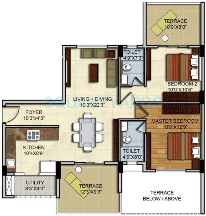 Floor plan of 2 BHK 775 Sq. Ft. Apartment in Mantri Vantage, Pune