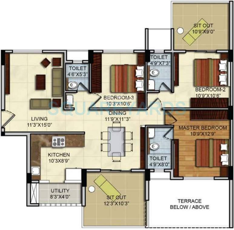 Floor plan of 3 BHK 966 Sq. Ft. Apartment in Mantri Vantage, Pune