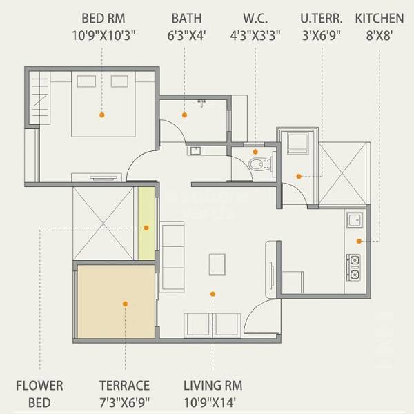 Floor plan of 1 BHK 317 Sq. Ft. Apartment in Maple Feel Bliss, Pune