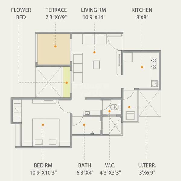 Floor plan of 1 BHK 394 Sq. Ft. Apartment in Maple Feel Bliss, Pune