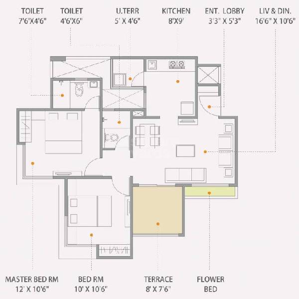 Floor plan of 2 BHK 589 Sq. Ft. Apartment in Maple Feel Bliss, Pune