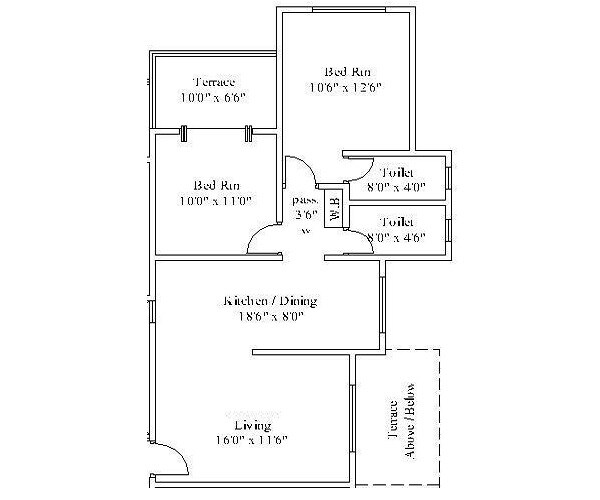 Floor plan of 2 BHK 600 Sq. Ft. Apartment in Mark Ventures Celebration County, Pune