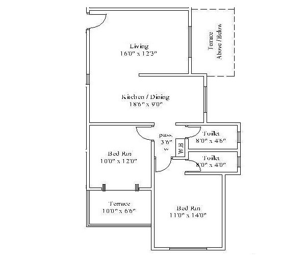 Floor plan of 2 BHK 811 Sq. Ft. Apartment in Mark Ventures Celebration County, Pune
