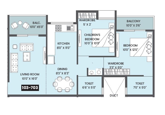 Floor plan of 2 BHK 787 Sq. Ft. Apartment in Maruti 7 Verve, Pune