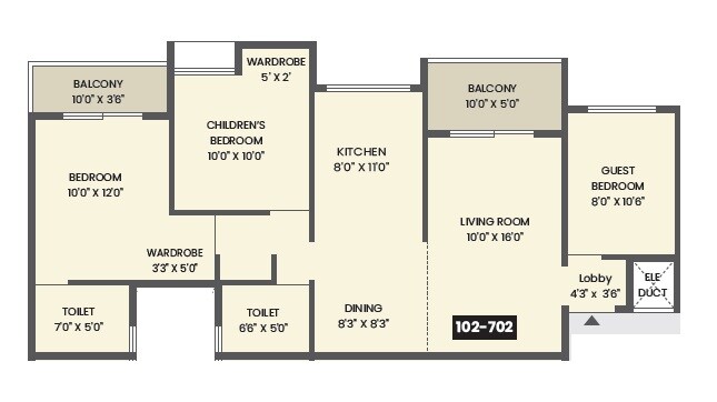 Floor plan of 3 BHK 894 Sq. Ft. Apartment in Maruti 7 Verve, Pune