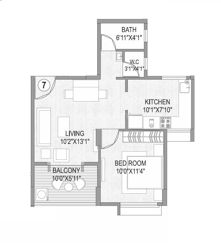 Floor plan of 1 BHK 488 Sq. Ft. Apartment in Maruti Ravikiran Annexe, Pune