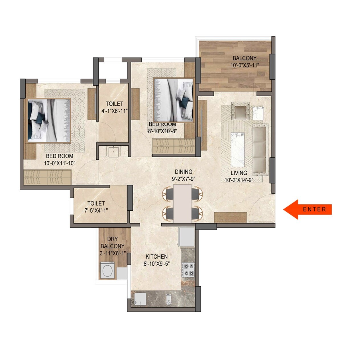 Floor plan of 2 BHK 700 Sq. Ft. Apartment in Maruti Ravikiran Annexe, Pune