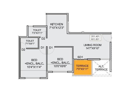 Floor plan of 2 BHK 532 Sq. Ft. Apartment in Maruti Ravitej, Pune