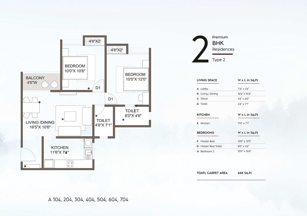 Floor plan of 2 BHK 668 Sq. Ft. Apartment in Maruti Raviumang, Pune