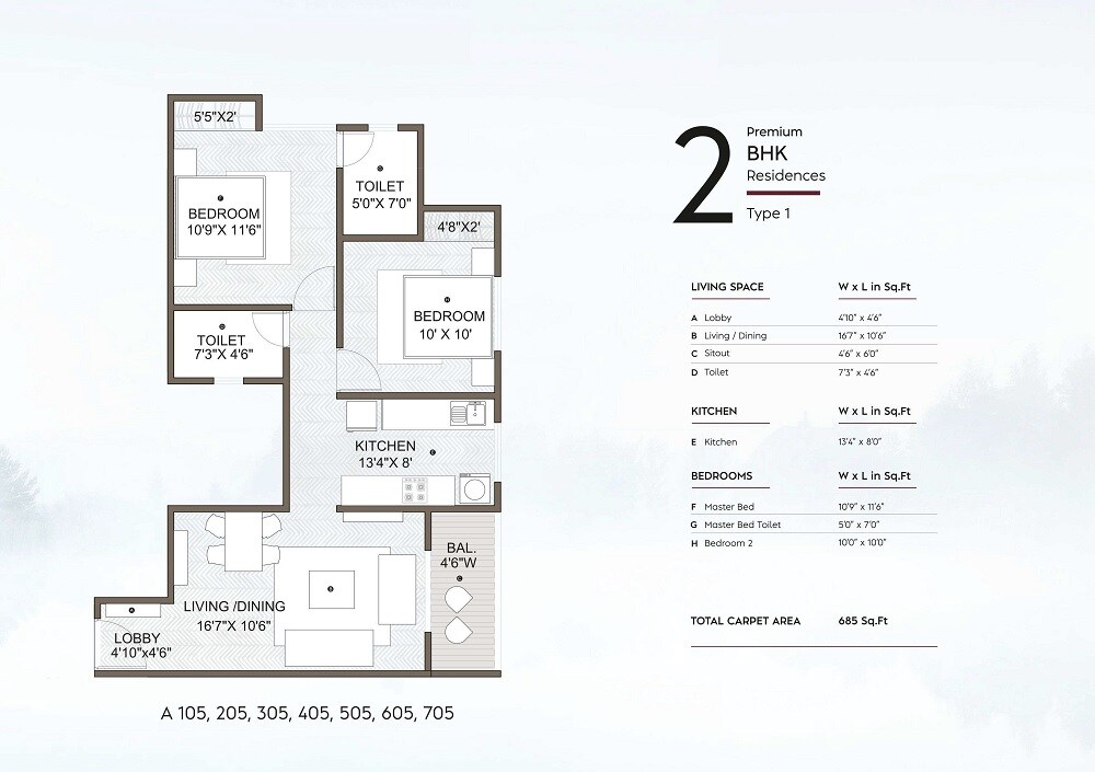 Floor plan of 2 BHK 685 Sq. Ft. Apartment in Maruti Raviumang, Pune
