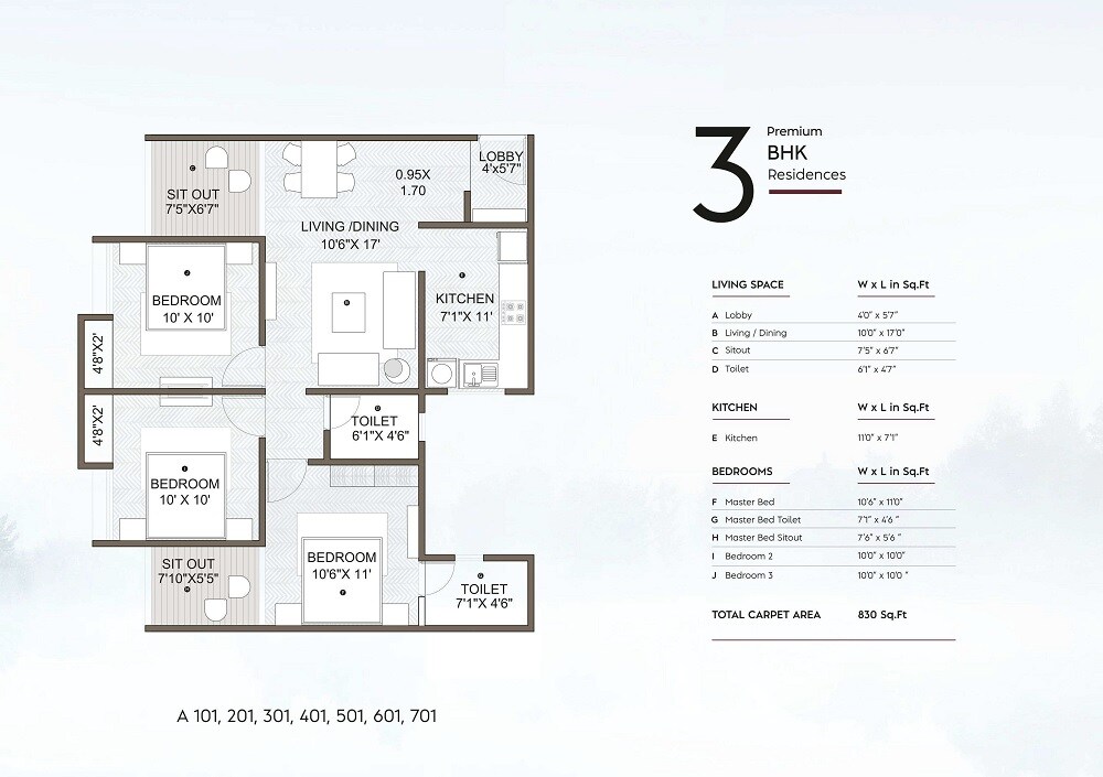 3 BHK 830 Sq. Ft. Apartment