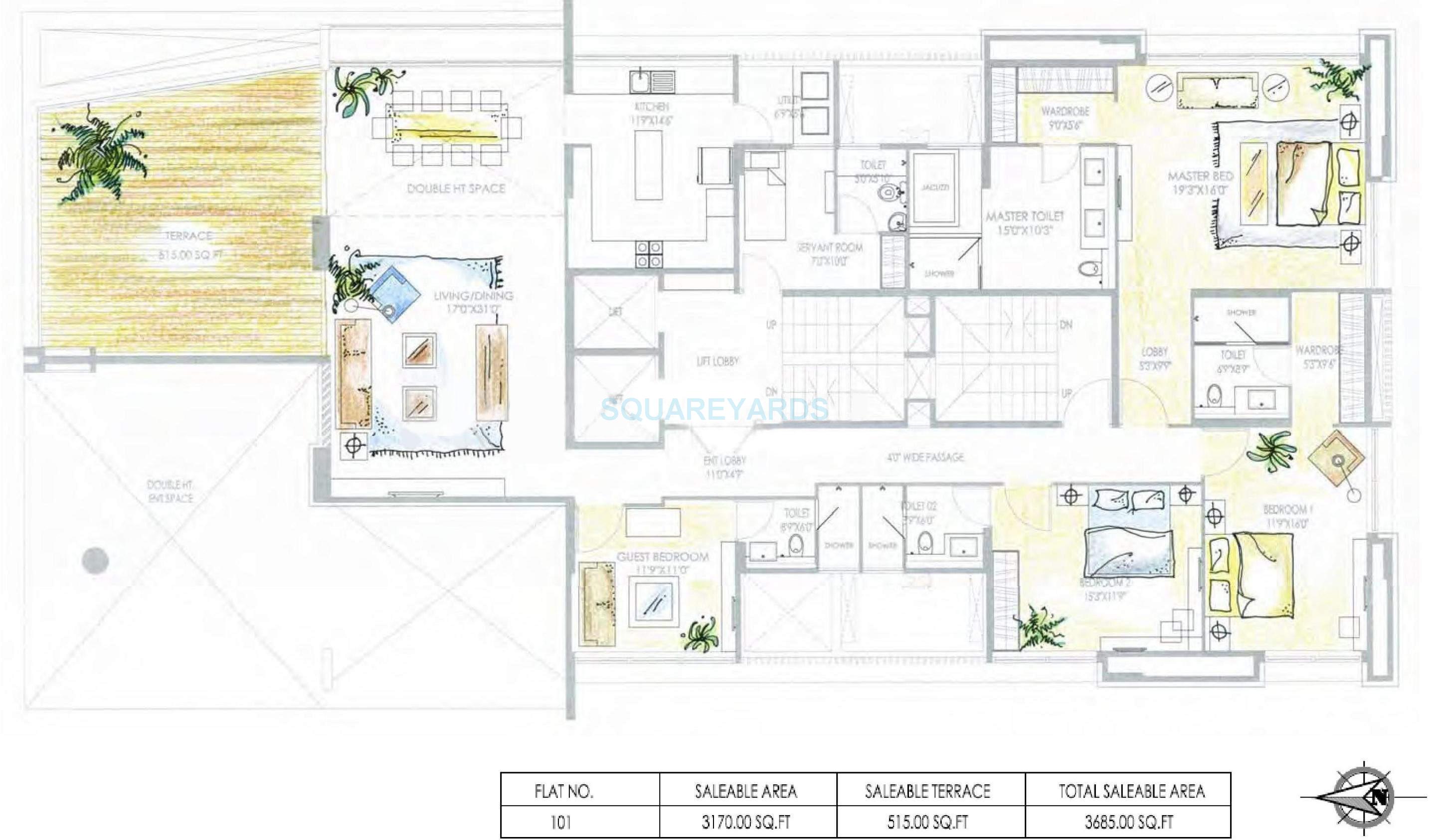 Floor plan of 4 BHK 3685 Sq. Ft. Apartment in Marvel Aeries, Pune