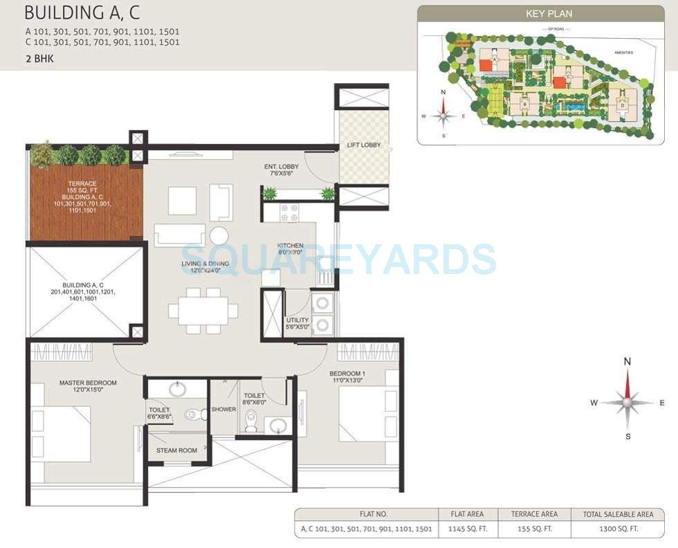 Floor plan of 2 BHK 1300 Sq. Ft. Apartment in Marvel Albero, Pune
