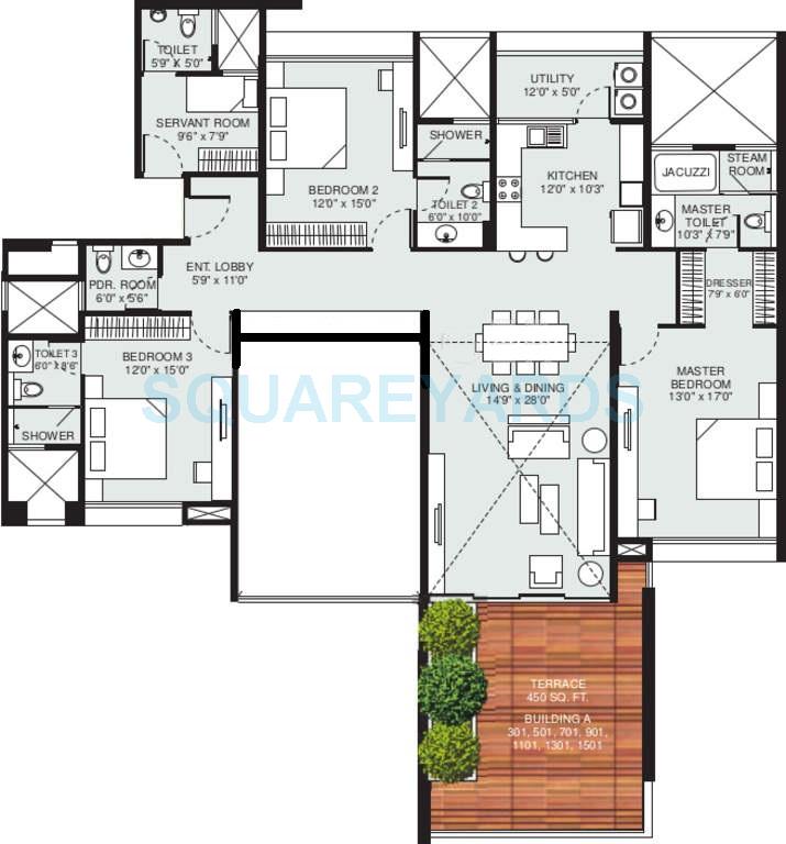 Floor plan of 3 BHK Apartment - 1633 sq. ft. in Marvel Aquanas, Pune
