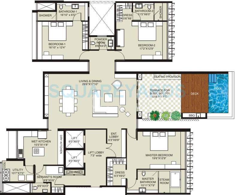 Floor plan of 3 BHK 1932 Sq. Ft. Apartment in Marvel Aurum, Pune
