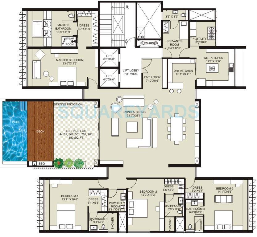 Floor plan of 4 BHK 2769 Sq. Ft. Apartment in Marvel Aurum, Pune