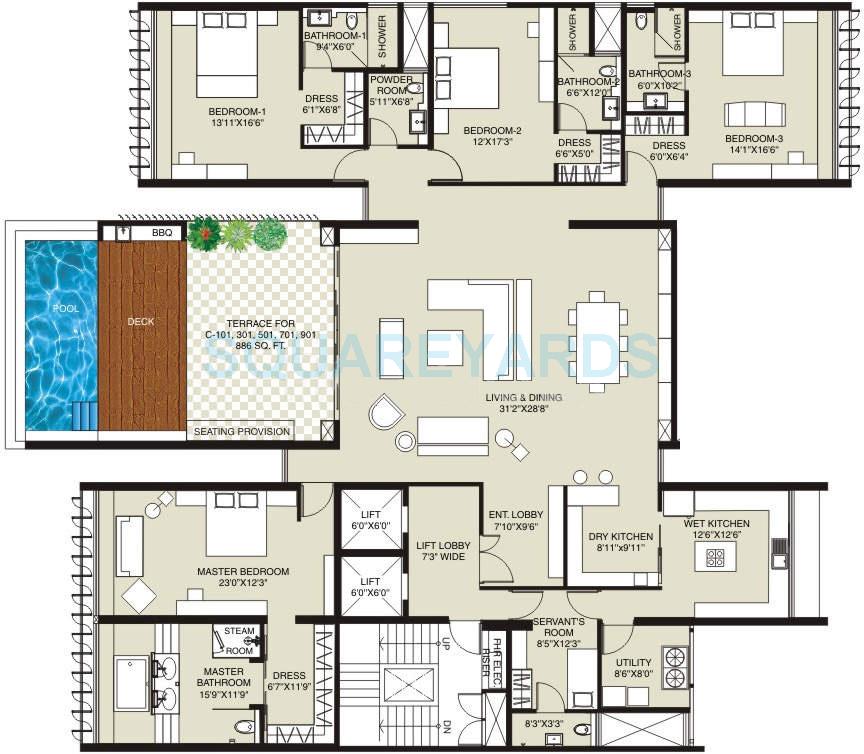 Floor plan of 4 BHK 4800 Sq. Ft. Apartment in Marvel Aurum, Pune