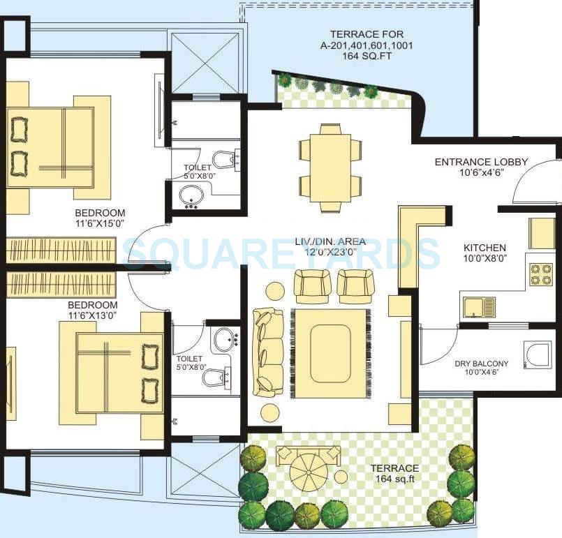 Floor plan of 2 BHK 1265 Sq. Ft. Apartment in Marvel Azure, Pune