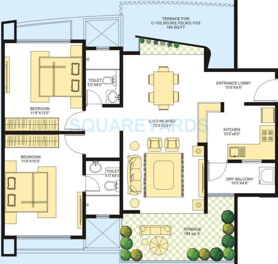 Floor plan of 2 BHK 1347 Sq. Ft. Apartment in Marvel Azure, Pune