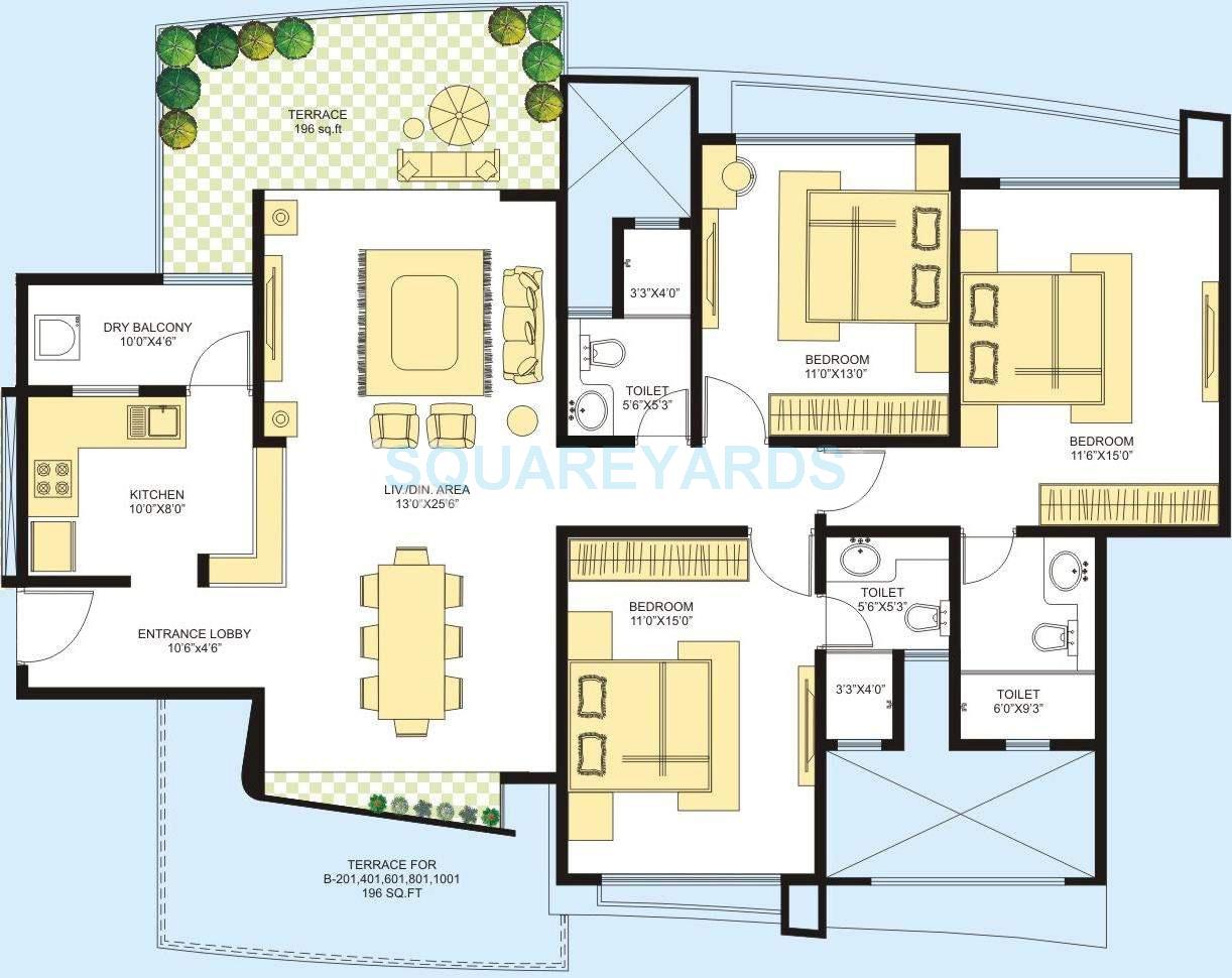 Floor plan of 3 BHK 1670 Sq. Ft. Apartment in Marvel Azure, Pune