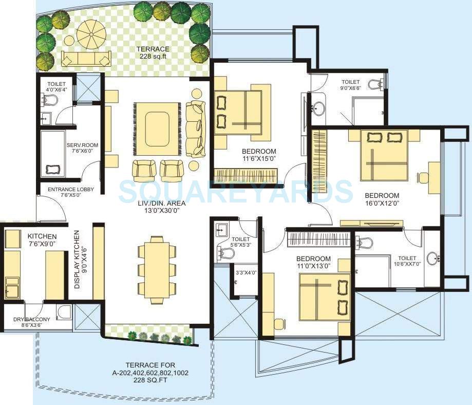 Floor plan of 3 BHK 1940 Sq. Ft. Apartment in Marvel Azure, Pune