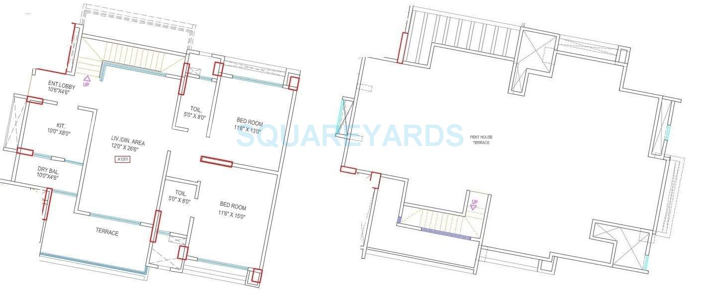 Floor plan of 2 BHK 1855 Sq. Ft. Penthouse in Marvel Azure, Pune