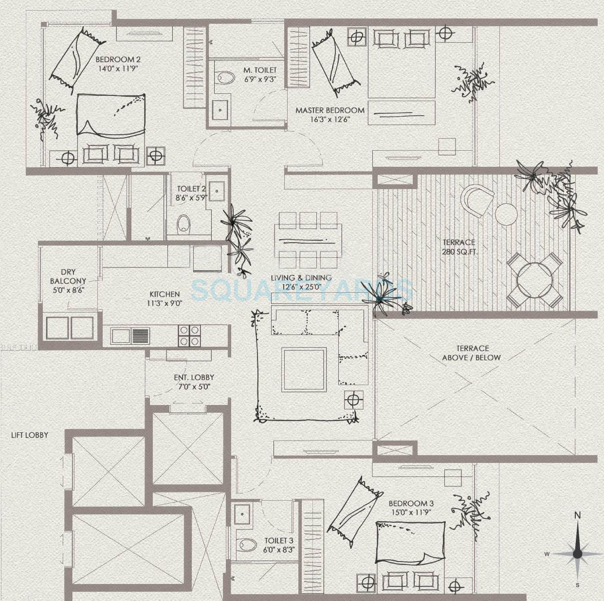 Floor plan of 3 BHK 1230 Sq. Ft. Apartment in Marvel Basilo, Pune