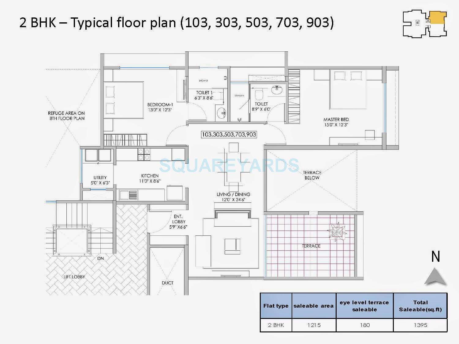 Floor plan of 2 BHK 1395 Sq. Ft. Apartment in Marvel Bella, Pune