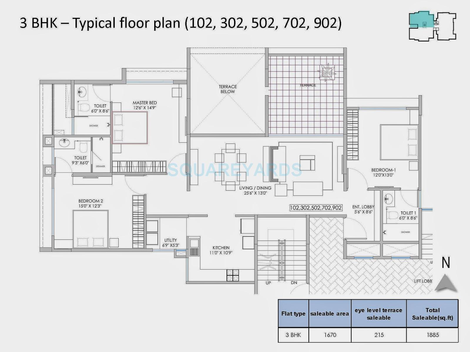 Floor plan of 3 BHK 1895 Sq. Ft. Apartment in Marvel Bella, Pune