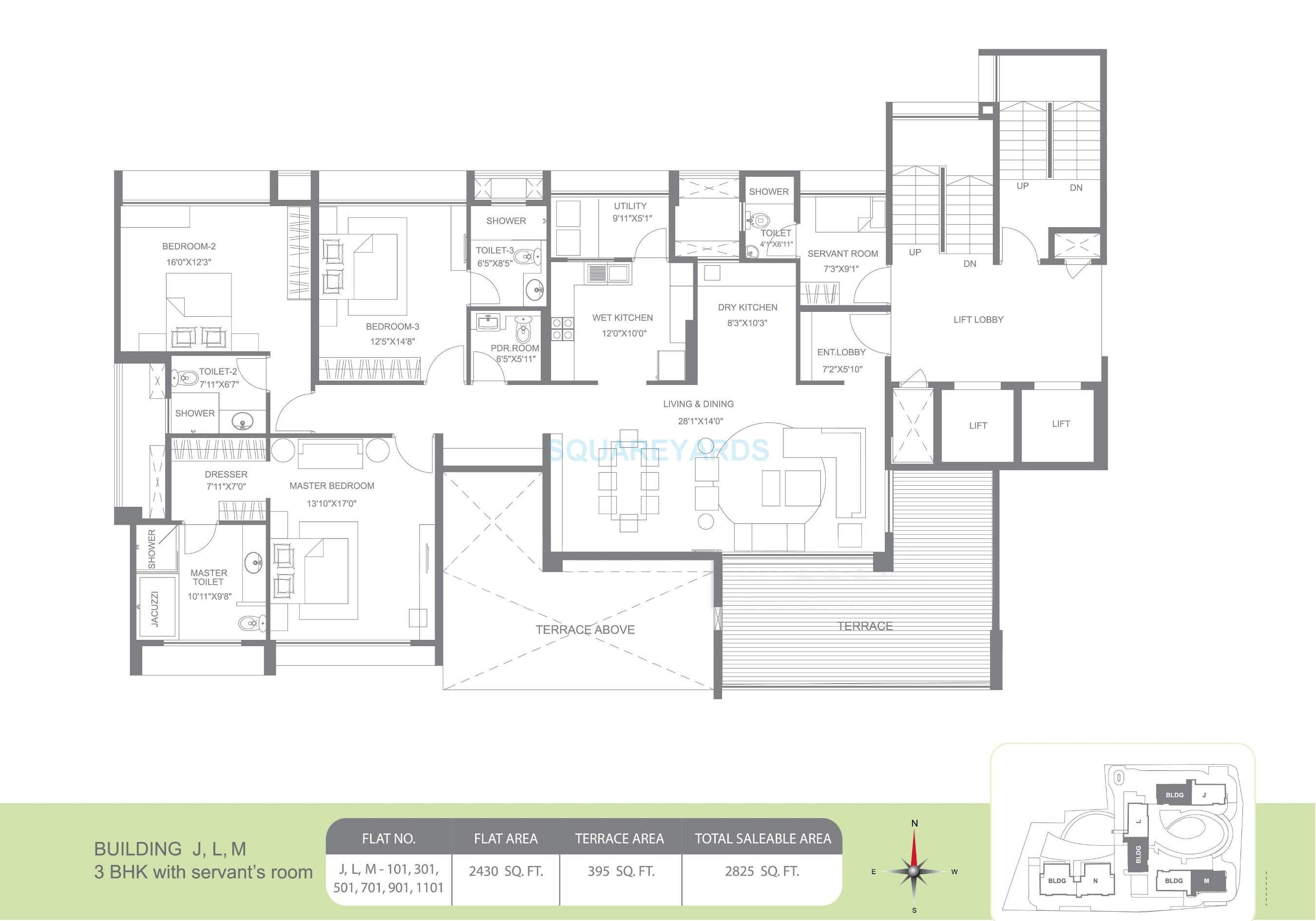 Floor plan of 3 BHK 2825 Sq. Ft. Apartment in Marvel Bounty 2, Pune