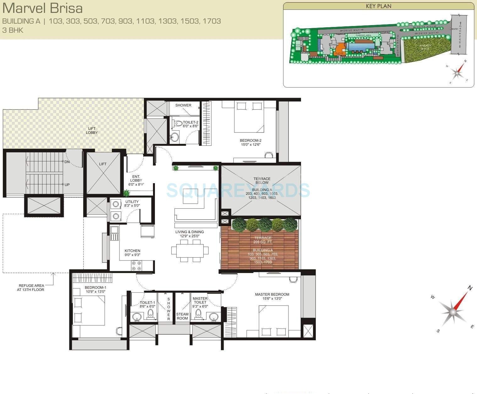 Floor plan of 3 BHK 1124 Sq. Ft. Apartment in Marvel Brisa, Pune