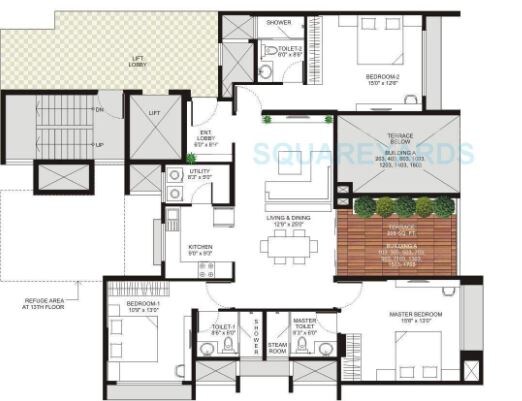 Floor plan of 3 BHK 1207 Sq. Ft. Apartment in Marvel Brisa, Pune