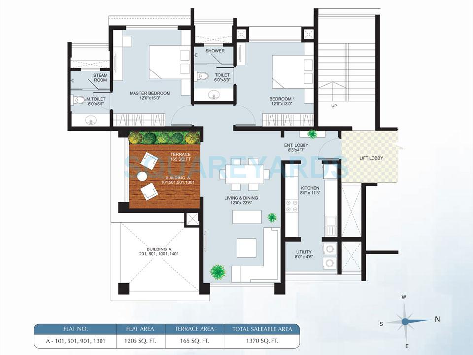 Floor plan of 2 BHK 1234 Sq. Ft. Apartment in Marvel Cascada, Pune