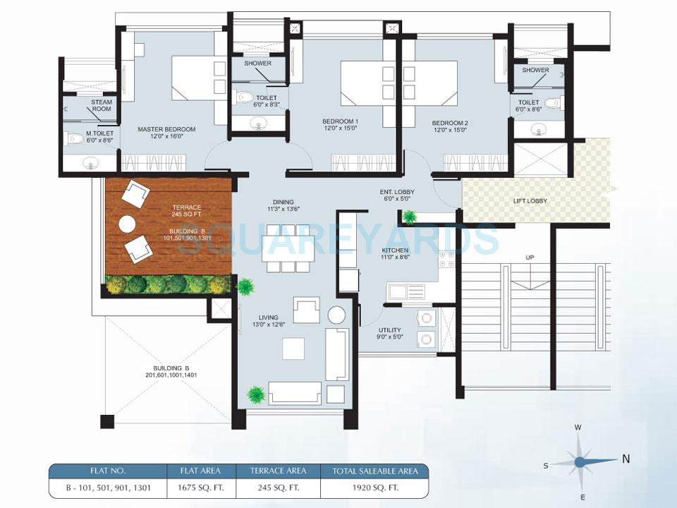 Floor plan of 3 BHK 1552 Sq. Ft. Apartment in Marvel Cascada, Pune