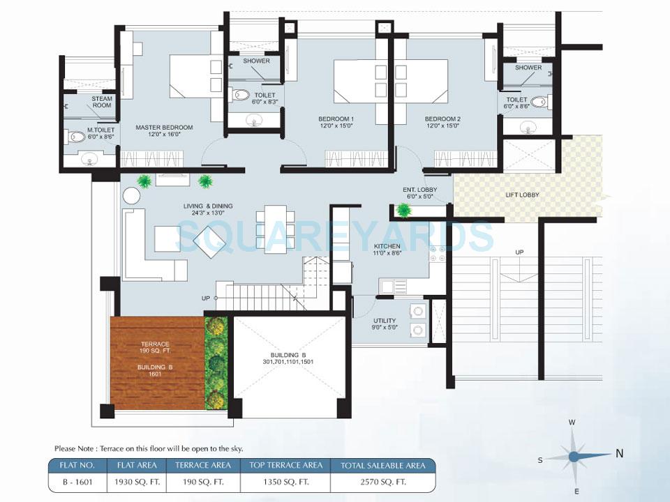 Floor plan of 3 BHK 1550 Sq. Ft. Apartment in Marvel Cascada, Pune