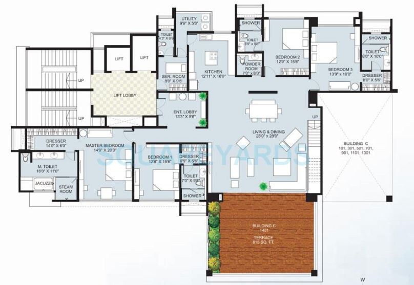 Floor plan of 4 BHK 2814 Sq. Ft. Apartment in Marvel Cascada, Pune