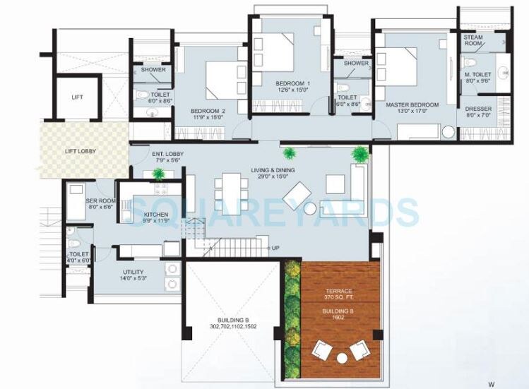 Floor plan of 4 BHK 3188 Sq. Ft. Apartment in Marvel Cascada, Pune