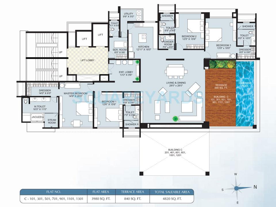 Floor plan of 4 BHK 2981 Sq. Ft. Apartment in Marvel Cascada, Pune