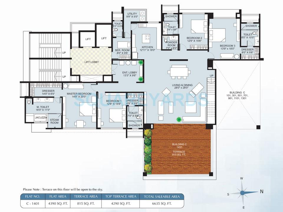Floor plan of 4 BHK 2824 Sq. Ft. Apartment in Marvel Cascada, Pune