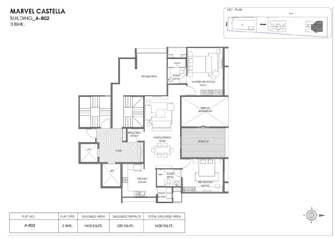Floor plan of 2 BHK 970 Sq. Ft. Apartment in Marvel Castella, Pune