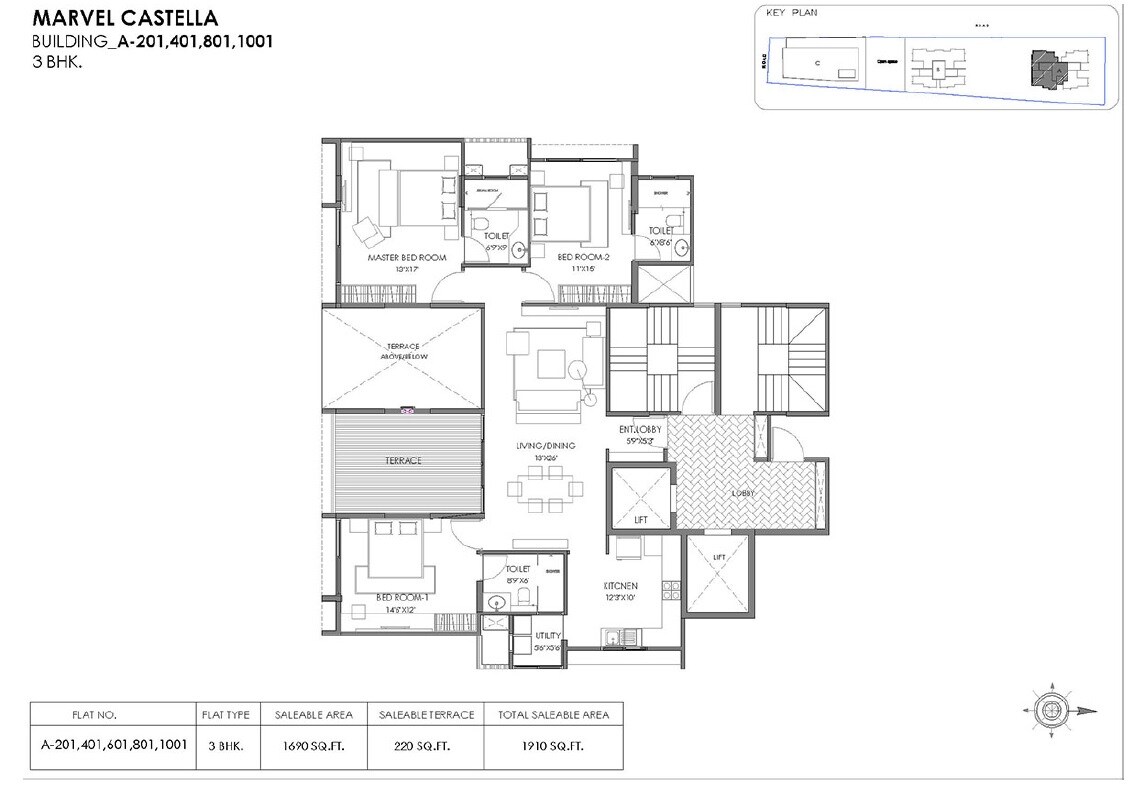 Floor plan of 3 BHK 1348 Sq. Ft. Apartment in Marvel Castella, Pune