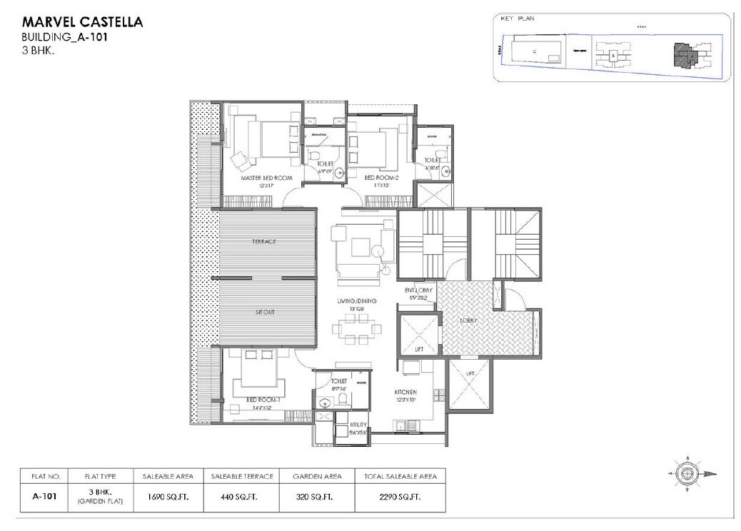 Floor plan of 3 BHK 1123 Sq. Ft. Apartment in Marvel Castella, Pune